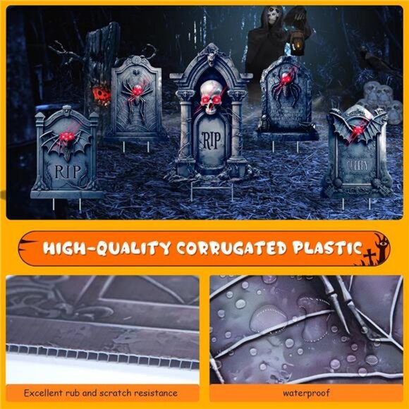 5 Pack Tombstone Halloween Decorations Plastic Yard Signs with Stakes, Graves - Picture 4 of 7